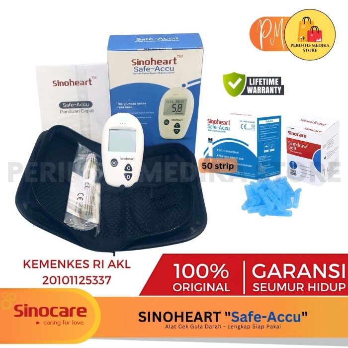 Paket Lengkap Sinocare Alat+Lancet+Strip Gula Isi 50 L Tes Gula Darah
