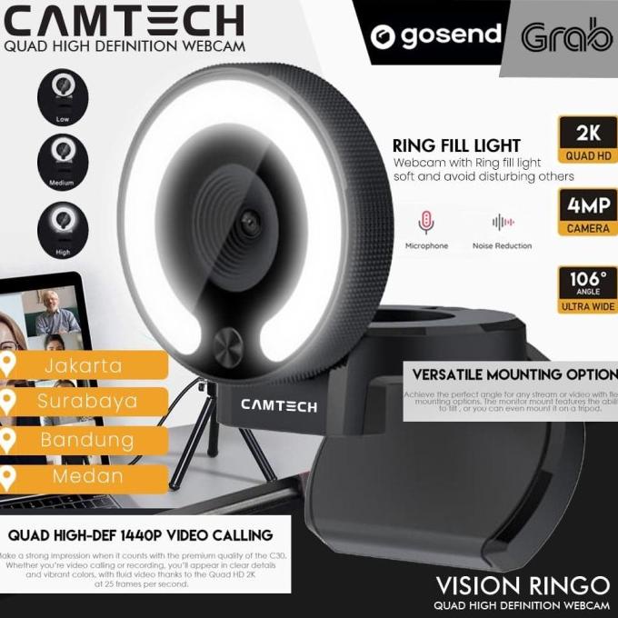 Camtech Webcam 2K 4Mp Ringo Qhd 1440P With Ring Light And Auto Focus