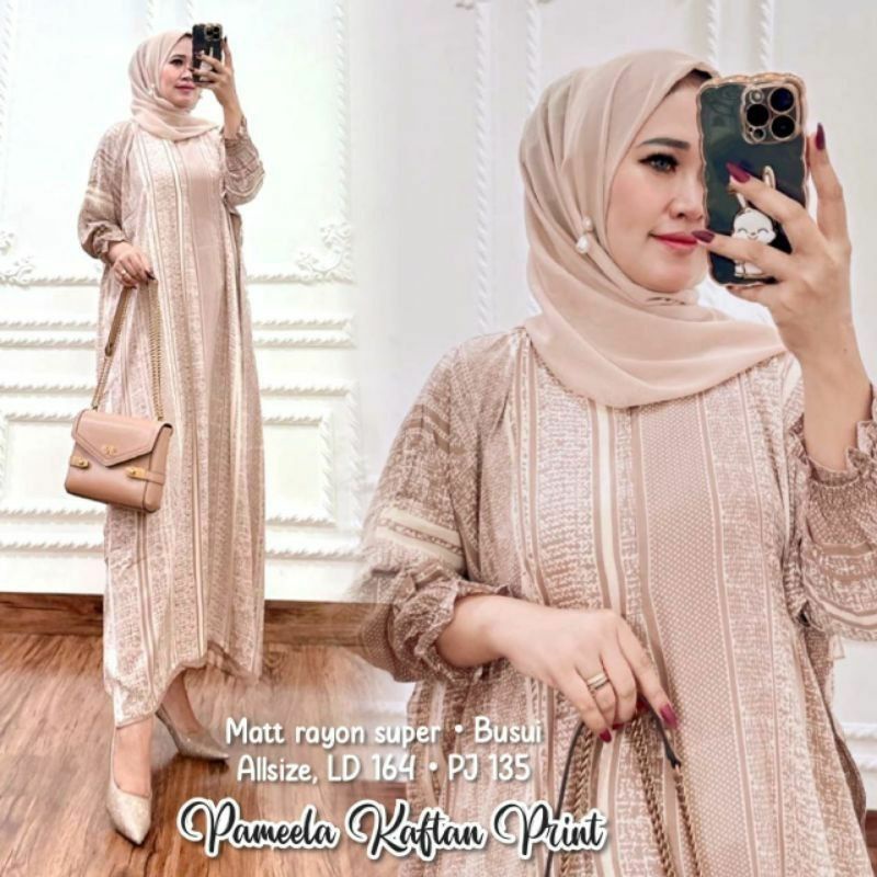 Kaftan Wanita Jumbo - Pameela Kaftan Rayon Jumbo Maksi Motif Elegan Busui Lengan Panjang Rayon Premi