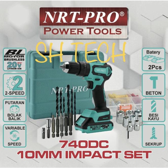 Nrt Pro 740Dc 740 Dc Bor Cordless Brushless Mesin Bor Batre Set