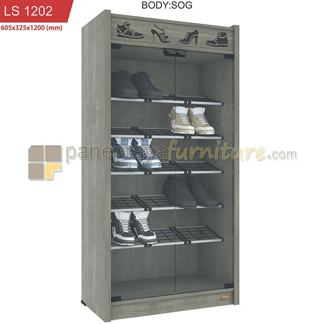 Lemari Sepatu / Rak Sepatu 2 Pintu Kaca ROMARO LS 1202 (Sonoma Oak - Grey)