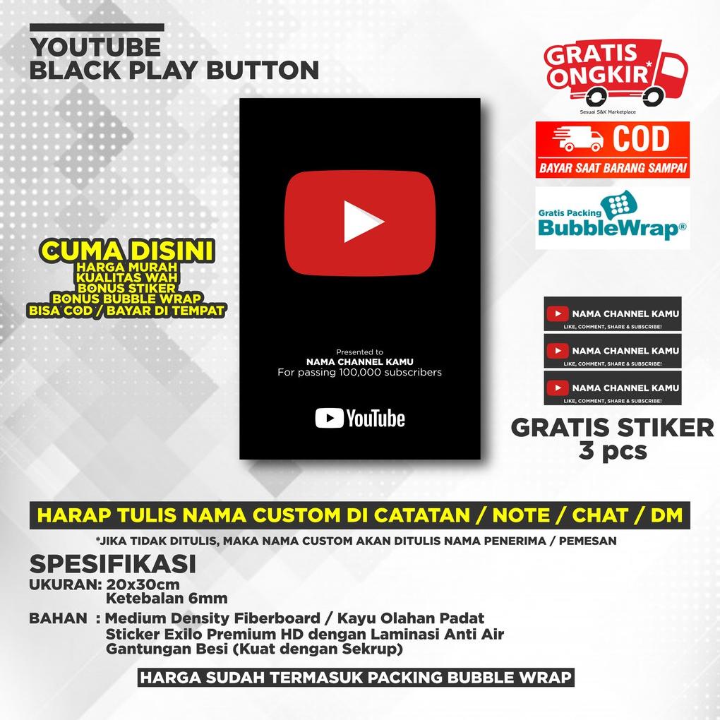 

[BISA COD] YOUTUUBE PLAY BUTTON BISA UBAH NAMA KAMU - BONUS STIKER - PACKING BUBLE WRAP HITAM
