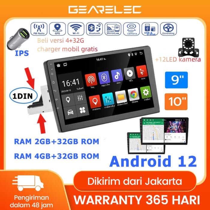Terlaris Gearele Head Unit Single Din Android 12 Bluetooth Wifi Gps 9 10 Inch
