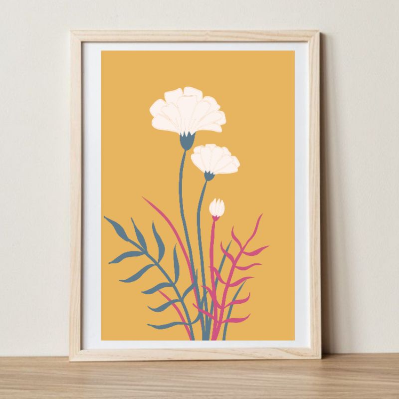 Lukisan dinding aesthetic minimalist gambar bunga putih kuning home decor hiasan dinding