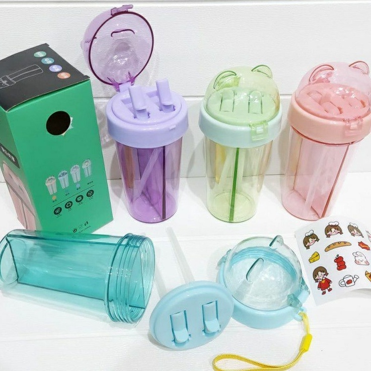 ➭MZR BOTOL MINUM DUA SISI / BOTOL 2 TEMPAT KEPALA BERUANG 420 ML ADA SEDOTAN DAN TALI FREE STICKER ✾