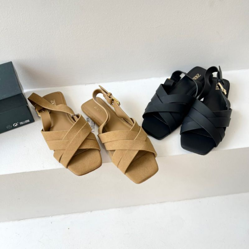 Sepatu sandal zara flat hitam taupe coklat
