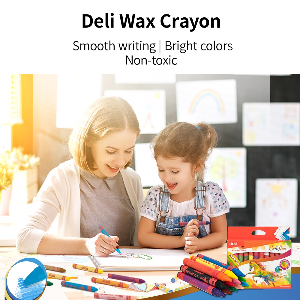 

A5Q DELI CRAYON KRAYON LILIN 12 WARNA REGULER/JUMBO LABEL MELINGKAR, TANGAN ANTI KOTOR EC20800