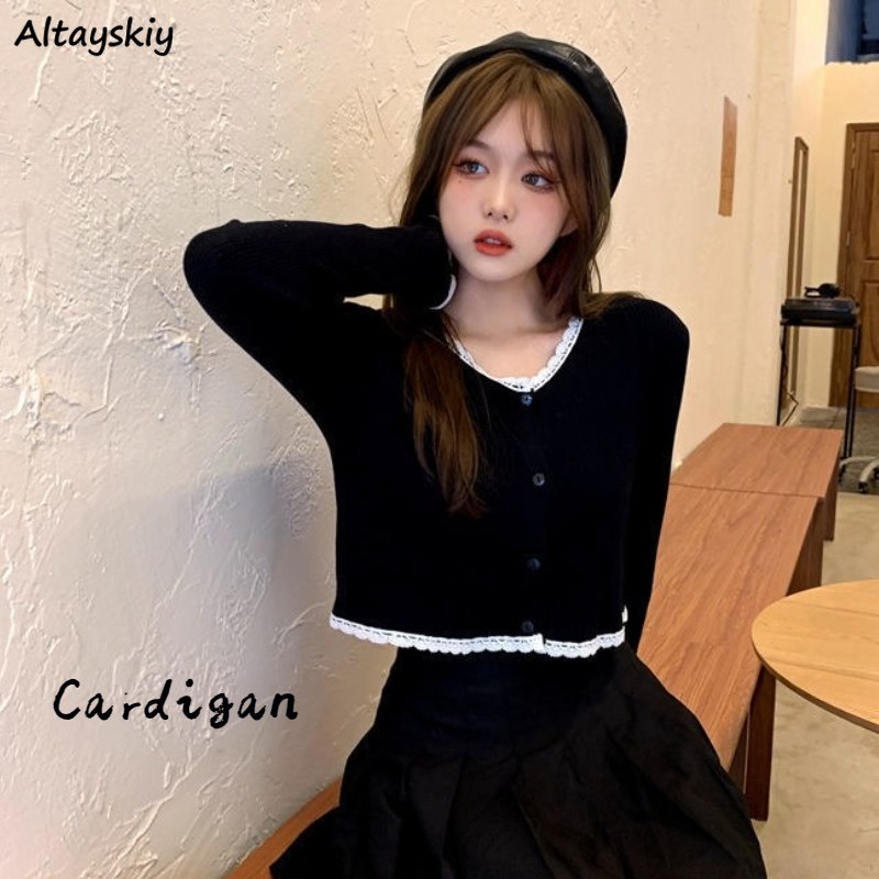 ❤Black Cardigan Women Chic Vintage Fall Slim College Girls Cropped Knitwear All-match Ulzzang Simple
