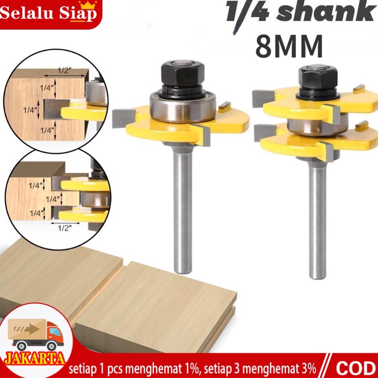 READY. {pasangan}1/4 mata router profil sambungan kayu panel pintu slot set Tongue & Groove As 6mm  