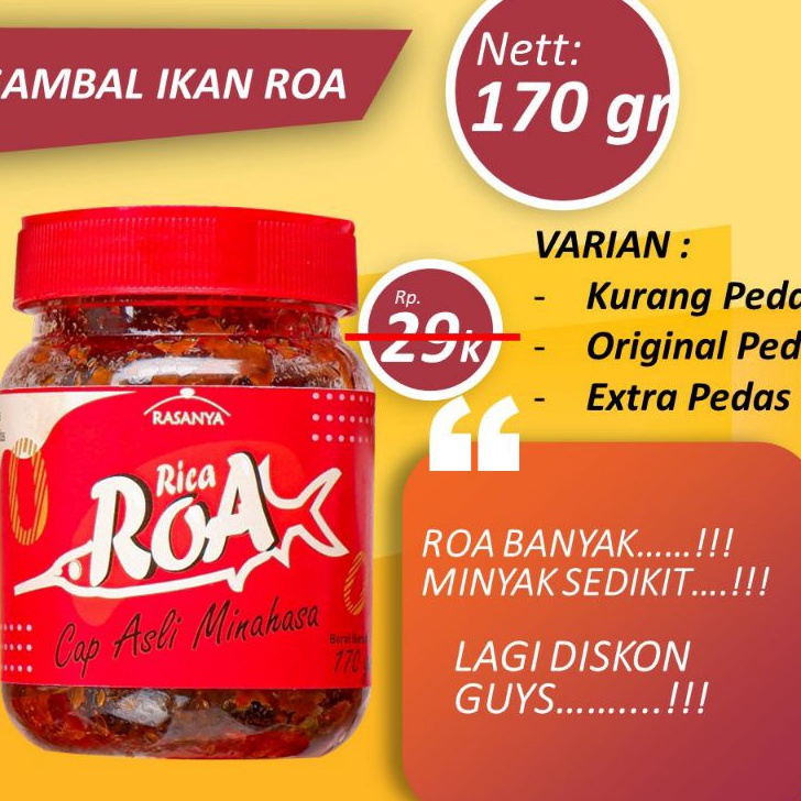 

Laris SAMBAL ROA ASAP ASLI MINAHASA/SAMBEL ROMAJU