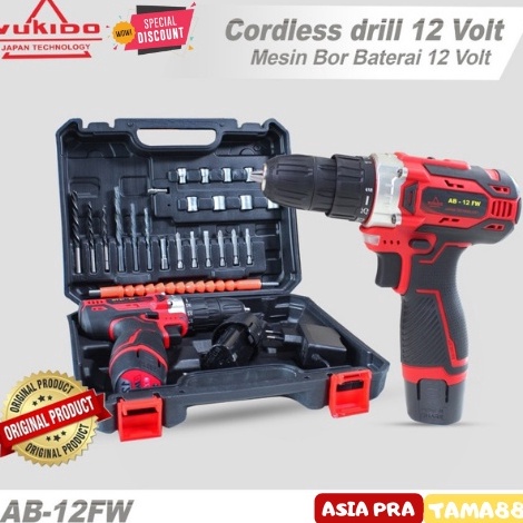 ★★★ bp 100%( ORI )YUKIDO Red 12V 36V  Mesin Bor Cordless bor listrik 2 baterai set - 12V  1Baterai B