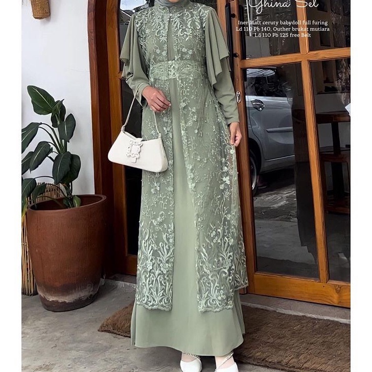 Bestseller Gamis kondangan brokat warna sage ceruty baby doll gamis terbaru 2023 gamis mewah elegan 
