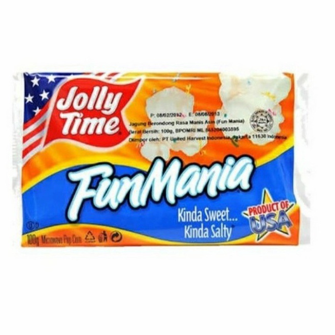 

Dijual murah jagung pop corn jolly time sweet salty fun mania funmania 100 HSN