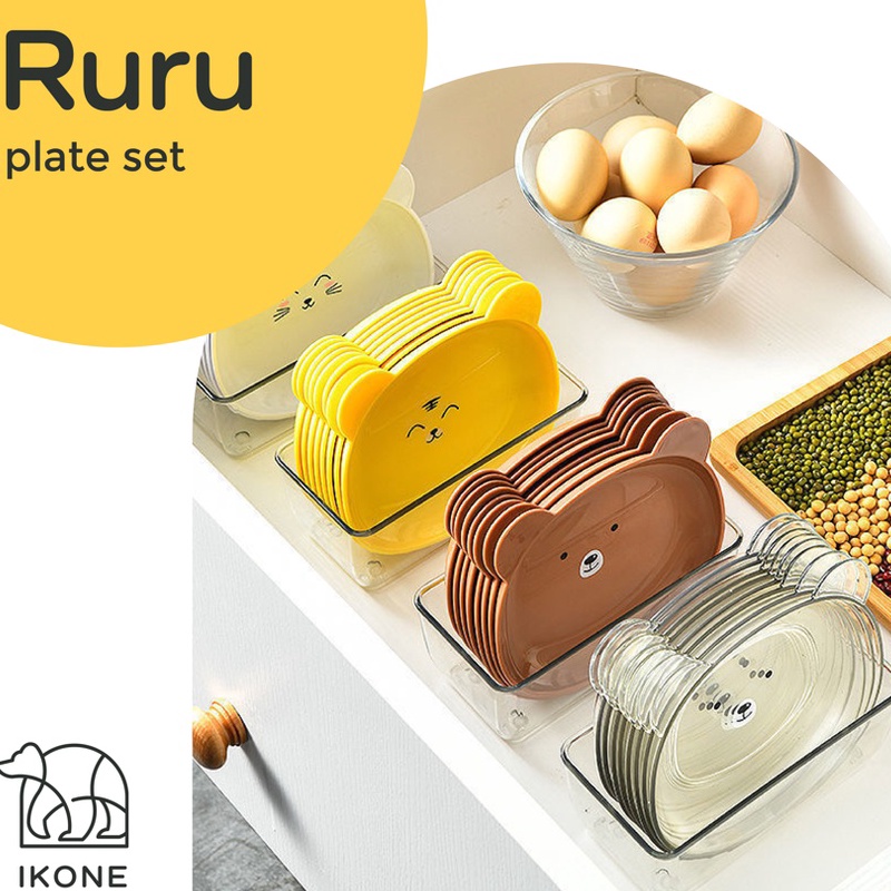 _ KQ 【IKONE】RURU 6 in 1 Set Piring Plastik Lucu Beruang Piring Kecil Snacking Plate Piring Makan Set