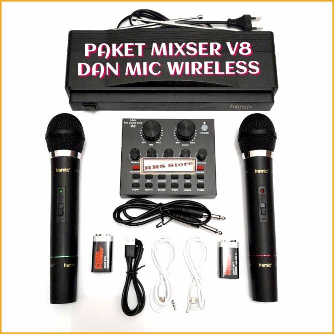 ] alat karoke soundcard v8 dan mic wireless homic 306 2 mic free batrai