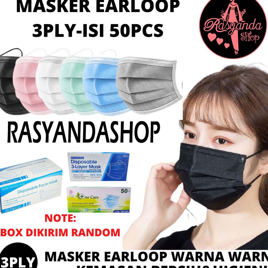 Terbatas Masker 3 ply Earloop BUKAN HIJAB  Warna Warni Hitam,Putih,Hijau,Biru,Abu/Grey,Pink Disposab
