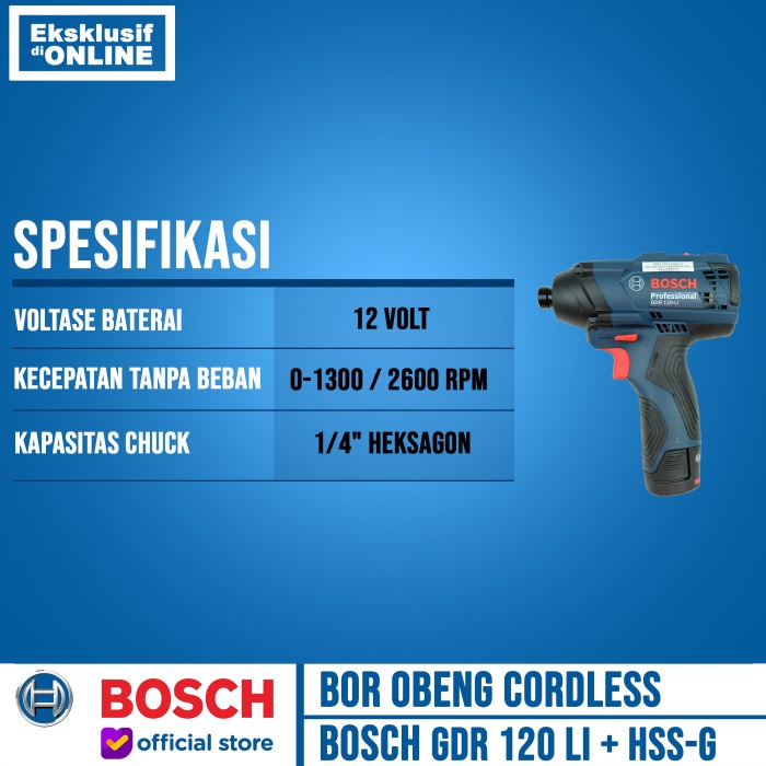 BOSCH Mesin Obeng Baterai GDR 120 LI Impact + Mata Bor Besi HSS-G 5Pcs keren