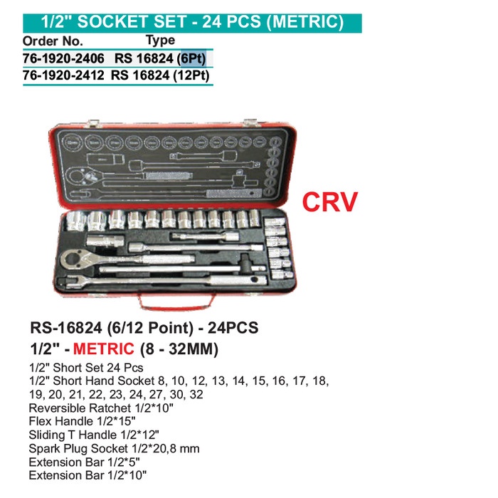 nice Kunci SOCK Shock SET 1/2inch 8-32mm METRIC 24pcs WIPRO RS 16824 (6pt)