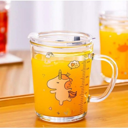 (GS) Gelas Anak Kaca Bening Dengan Gagang Dan Tutup AB56 / Gelas Anak Anti Bocor Murah / Gelas Mug Tumbler Motif Imut Free Sedotan