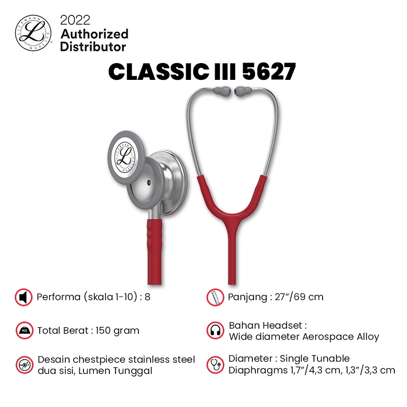 3M Littmann Classic III Stethoscope / Stetoskop Dewasa - BURGUNDY - 5627