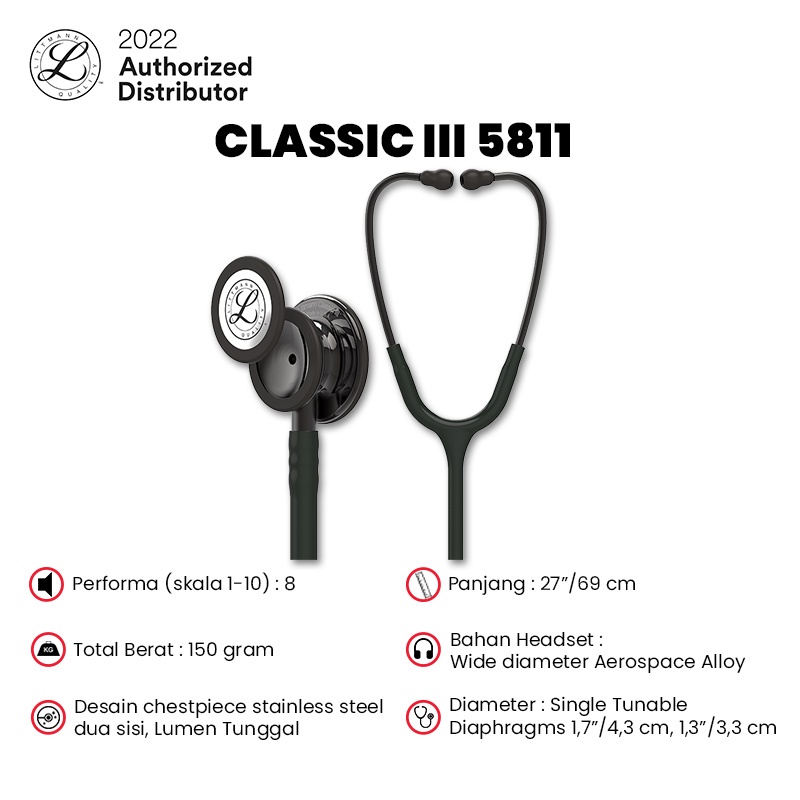 3M Littmann Classic III Stethoscope / Stetoskop Dewasa - BLACK / SMOKE - 5811