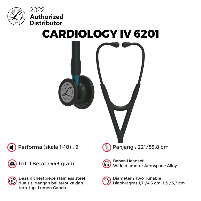 3M Littmann Cardiology IV Stethoscope / Stetoskop - BLACK, BLACK, BLUE STEM - 6201