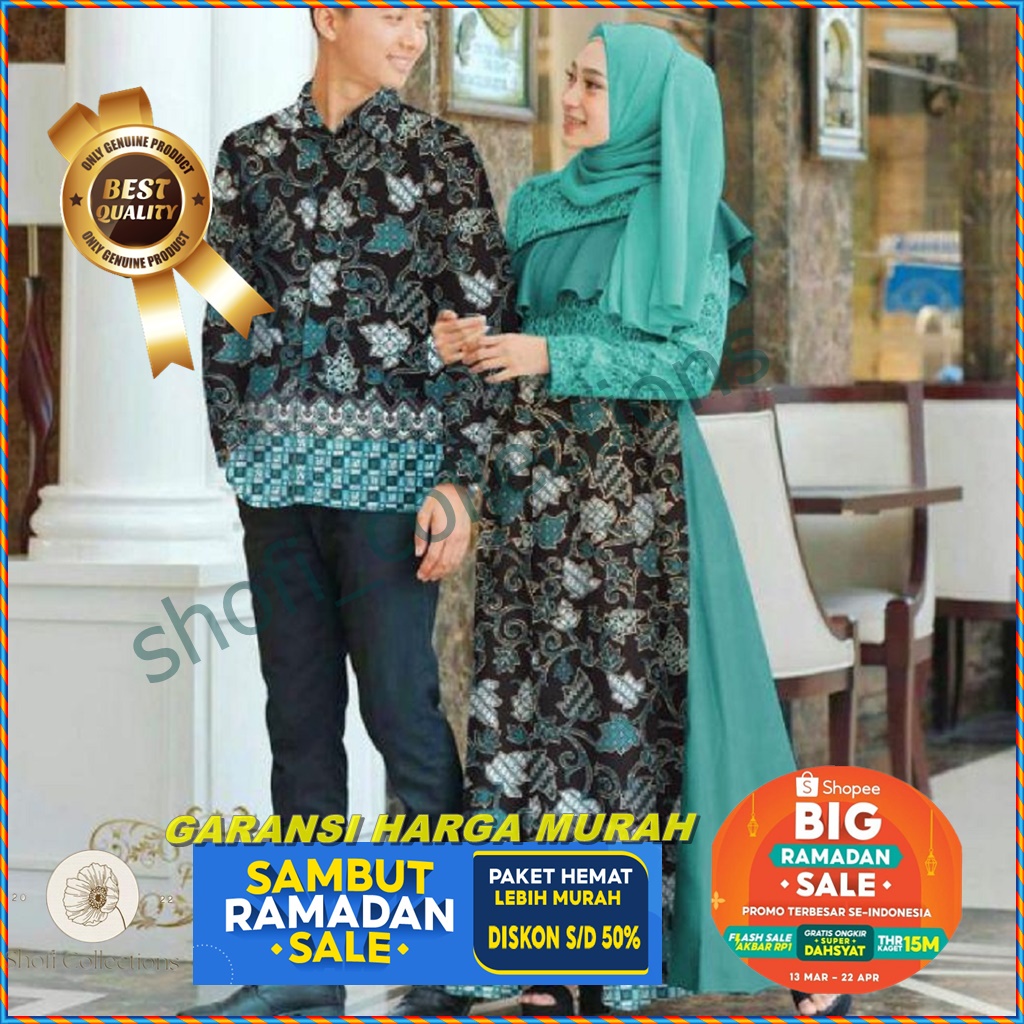 Baju Couple Green Sage Sarimbit Batik Lebaran Terbaru 2023  Suami Istri Gamis dan Kemeja Kapel Keluarga Pasangan Muda Kondangan Pesta Pernikahan Modern Simple Elegan Kekinian - 2 UKURAN L XL CP COUPLE ALAZKA BATIK