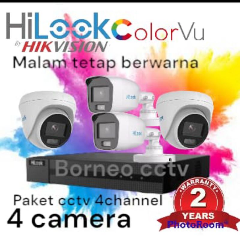 PAKET CCTV HILOOK COLORVU 4 CHANNEL 4 KAMERA 2MP FULL COLOR SIANG MALAM