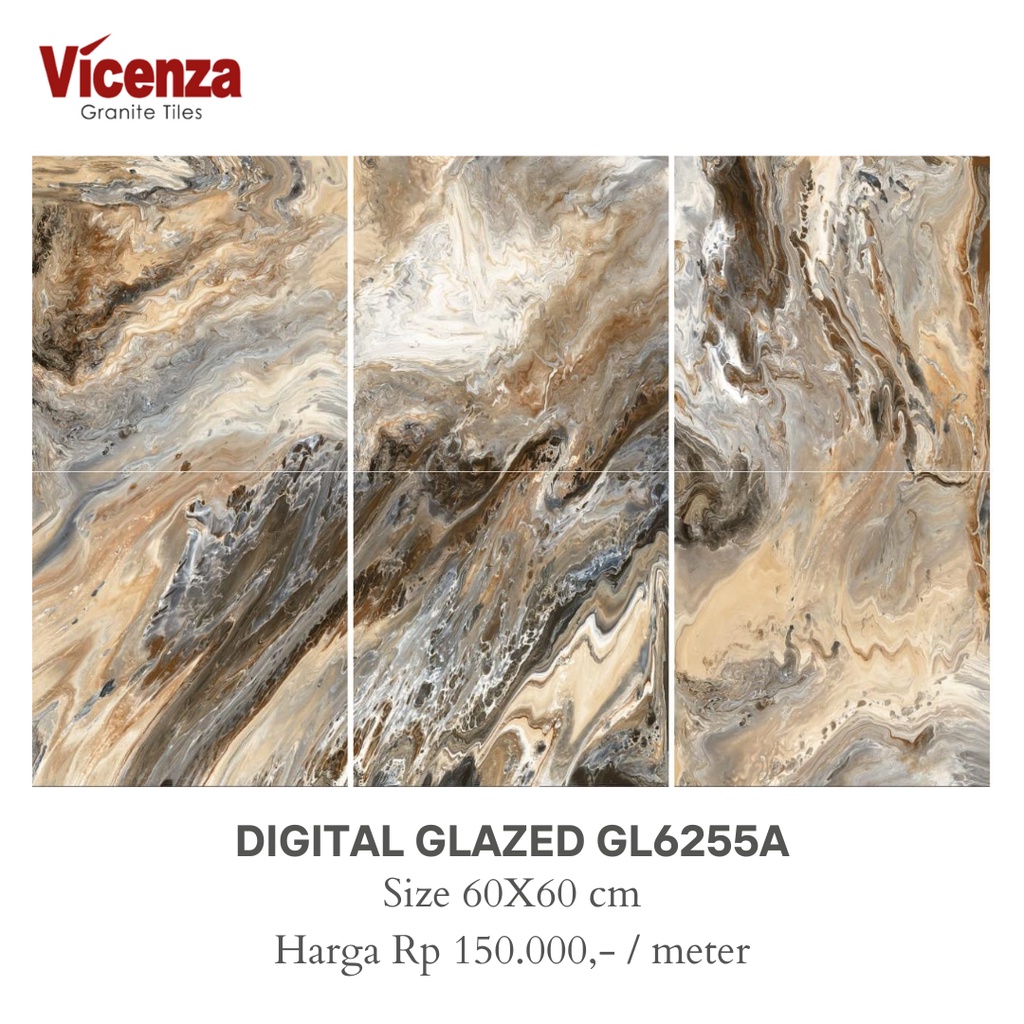 Granit/ Granite Tile Lantai/ Dinding 60x60cm Glazed Kilap Abstrak Coklat GL6255A