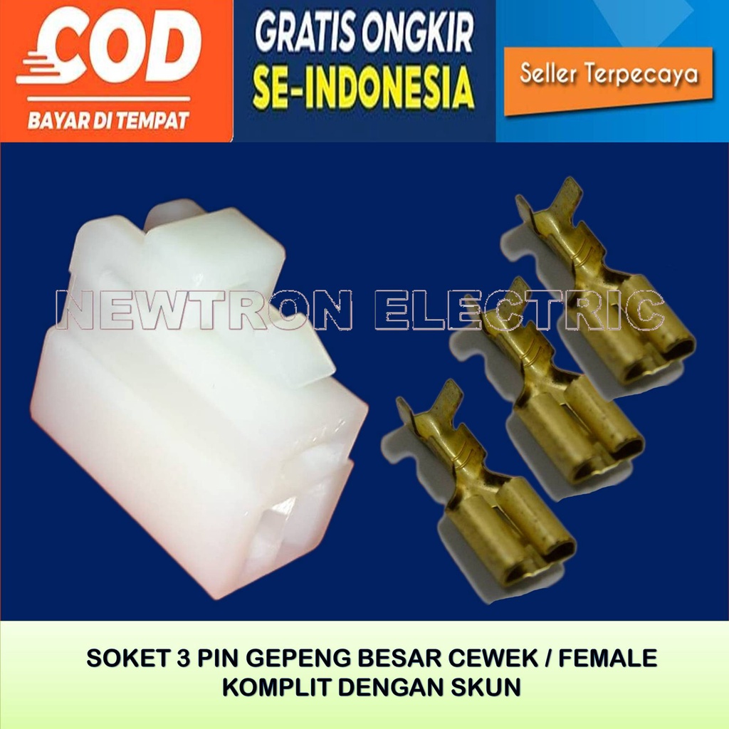 Soket Kabel 3 Pin Besar Cewek Female Komplit Dengan Skun Bahan Nylon Tahan Panas Buat Motor Mobil Un