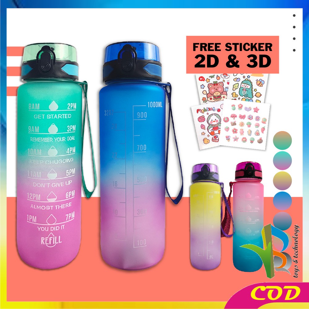 RB-C407 Botol Minum 1 Liter Gradasi Tumbler Olahraga Sport Unik Botol Motivasi Thumbler Penanda Waktu BPA FREE