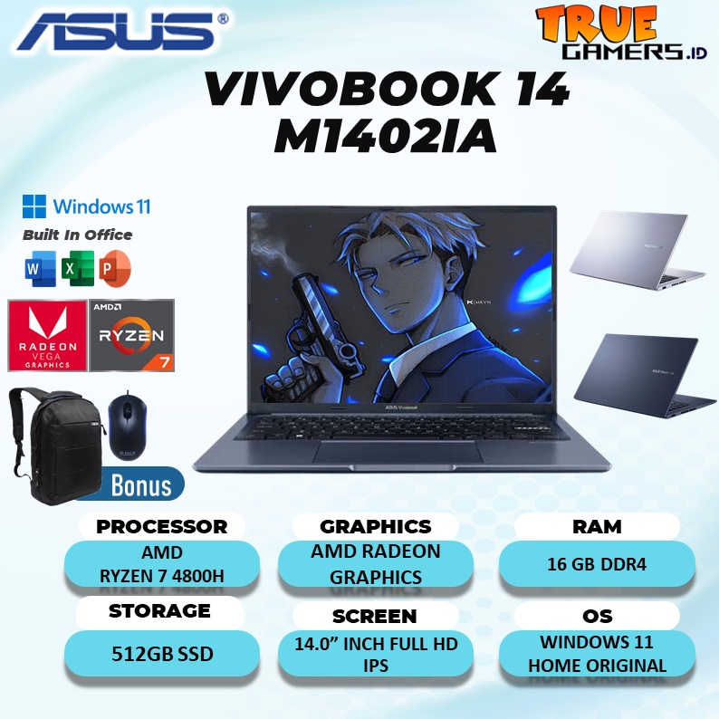 Laptop Asus Vivobook 14 M1402IA Ryzen 7 4800H 16GB 512GBSSD 14.0FHD IPS Free OHS