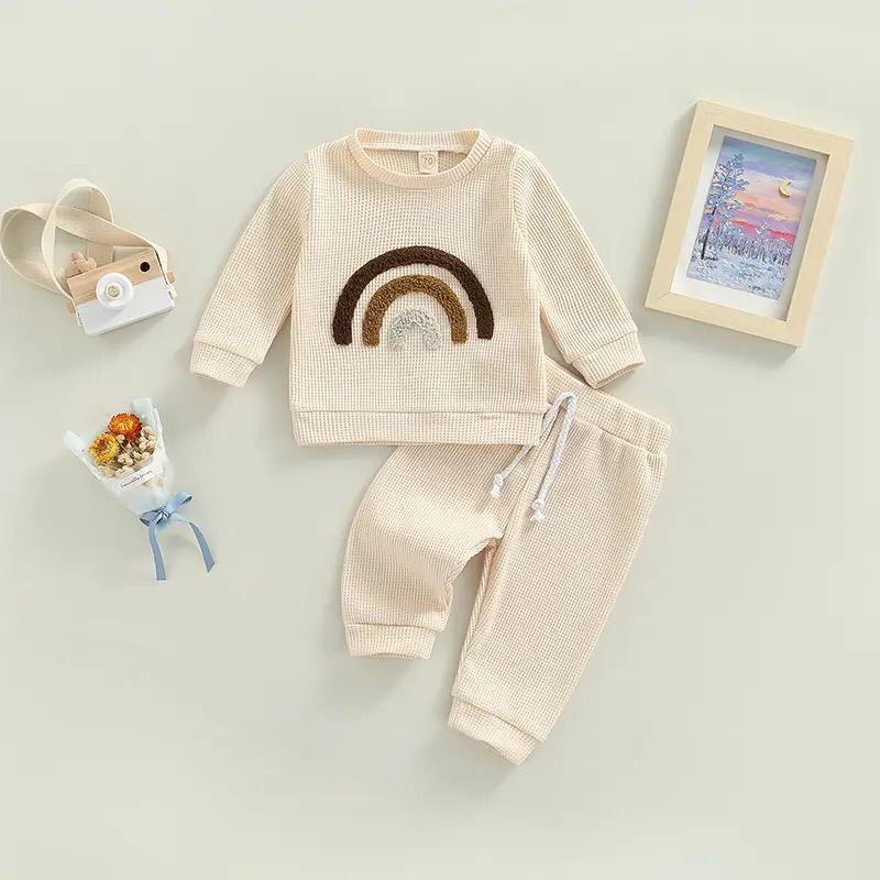 MINIMOLA One Set Bordir Jogger Anak Sweater Knit Waffle Piyama Unisex Setelan Bayi Baju Celana Setcel Laki-laki Perempuan