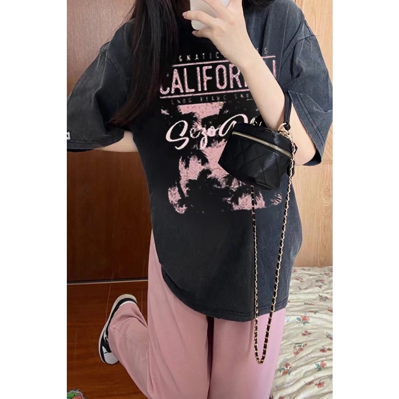 [100%  Katun]Vintage Kaos Lengan Pendek Cream Atasan Wanita Oversize Printed T-shirt Kekinian Korean Style/kaos abstrak wanita