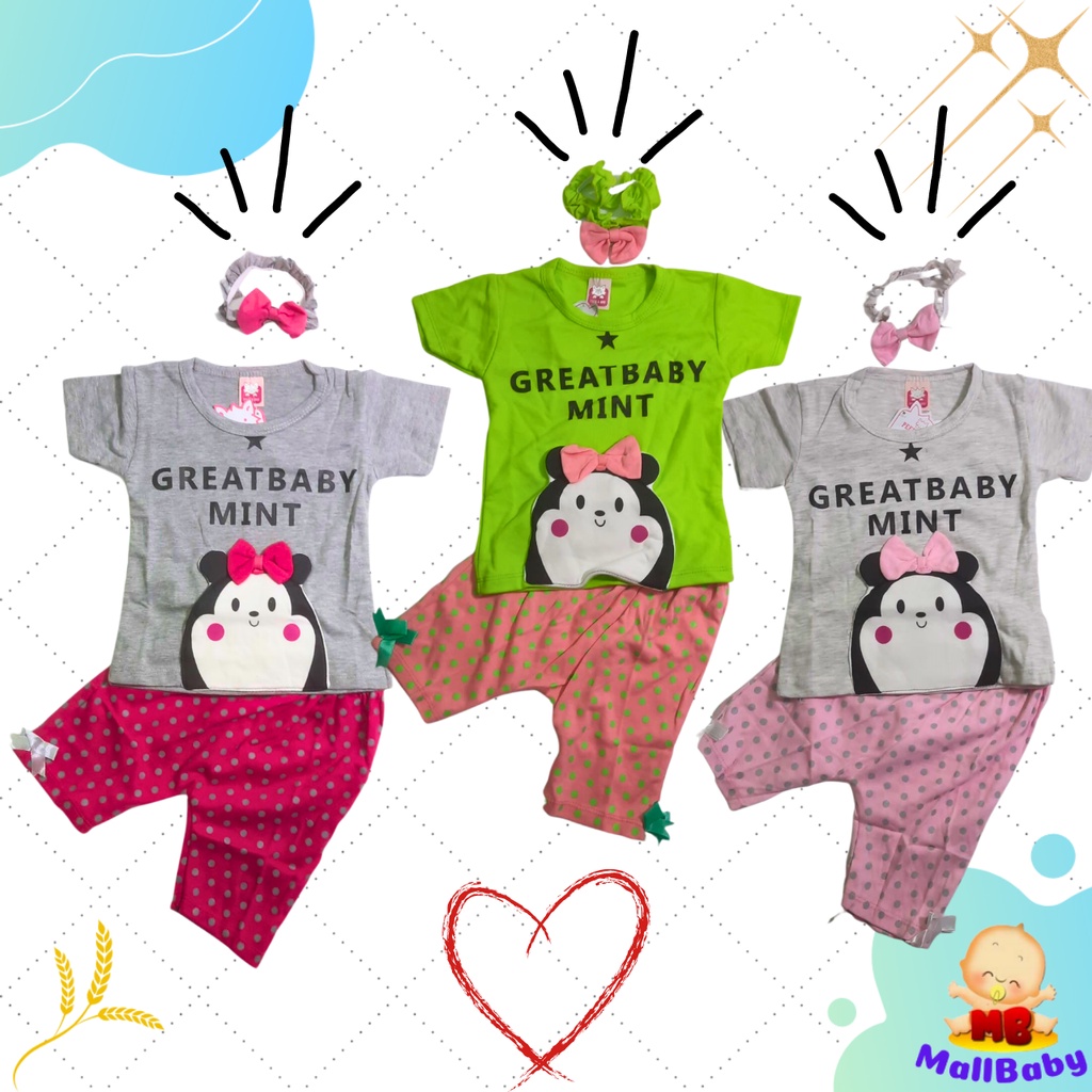 OBRAL PROMO CUCI GUDANG! JUAL RUGI!Baju Bayi Perempuan 6 12 Bulan Setelan Kaos Anak Cewek 1 Tahun Murah Lucu Bonus Bandana GreatBaby Mint