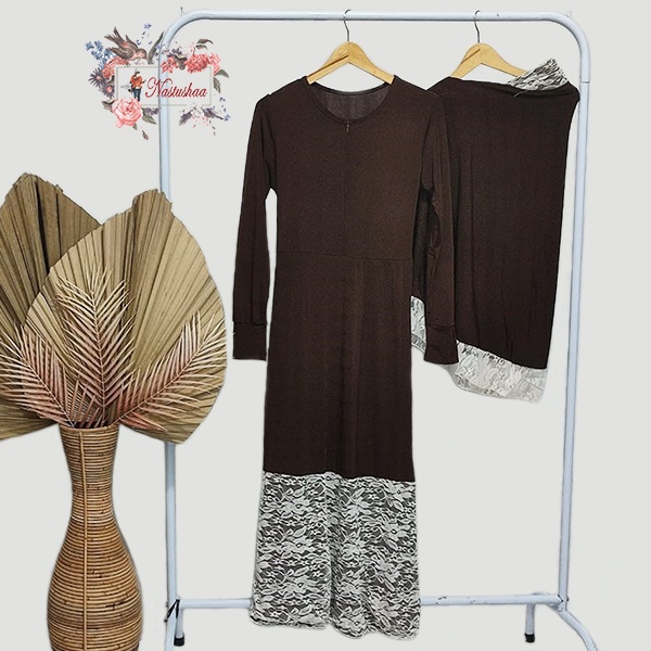 Set Gamis Syari Wanita Bahan Jersey Kombinasi Brukat Import Setelan Gamis + Bergo Lebar Resleting Depan Busui Friendly Fit L-XL