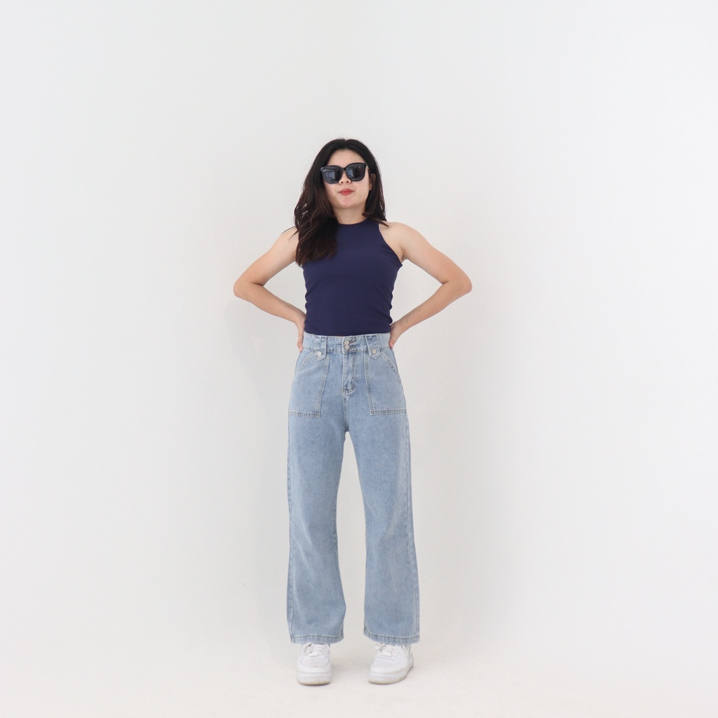 DEMORIN - Celana Jeans Wanita Straight Highwaist Kekinian - Misha X36