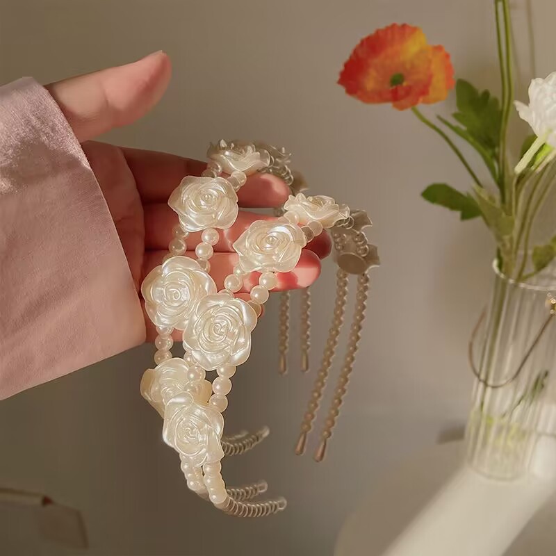 IFYOU Ikat Rambut Scrunchies Desain Mawar Camellia Aksen Mutiara Gaya Vintage Korea Untuk Wanita