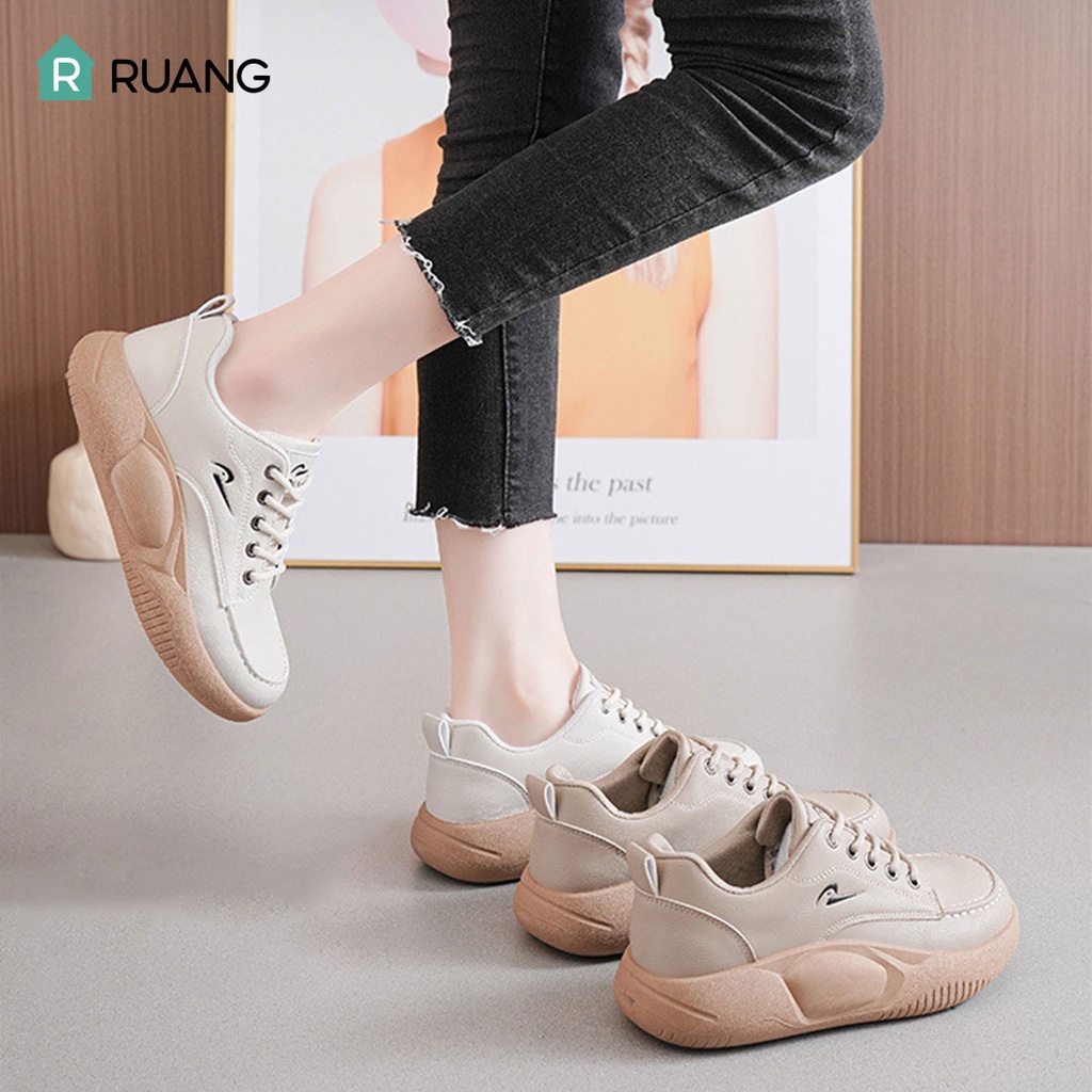 Sepatu Korea Wanita Sneakers Fashion Putih Maen Casual Kets Perempuan Import 4.0Cm Cokelat ST054