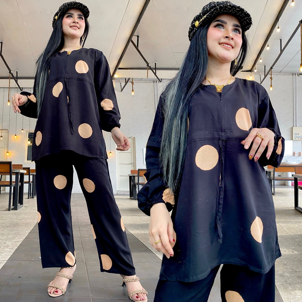 Setelan long tunik serut Polkadot