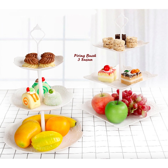Terlaris Persegi & Bulat, Piring Buah 3 Susun (Tempat Buah, Kue, Permen)