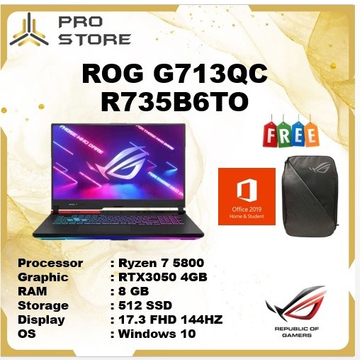 Pc Asus Rog G713Qc R735B6To Ryzen 7 5800 8Gb 512Ssd Rtx3050 4Gb 144Hz