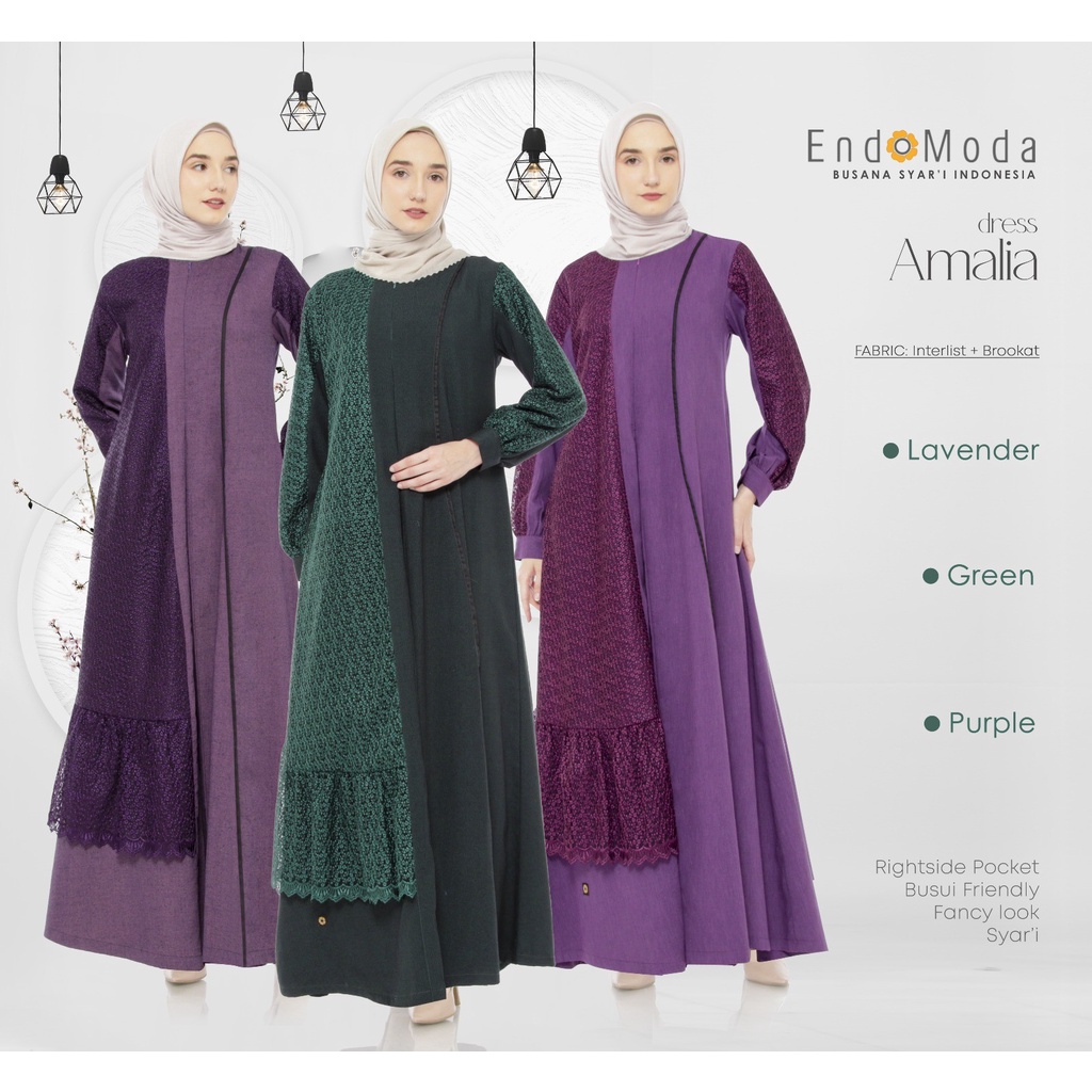 Endomoda-Amalia Gamis Lavender-Purple-Green Interlist Brokat Cutting Unik