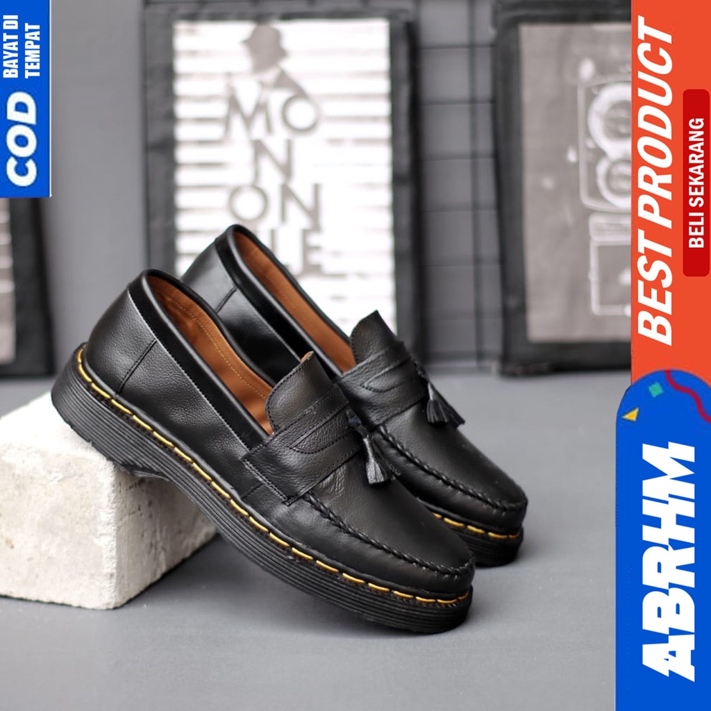 Sepatu Loafers Formal Pria Docmart Casual Kulit Asli Hitam Kerja Pria Abrhm