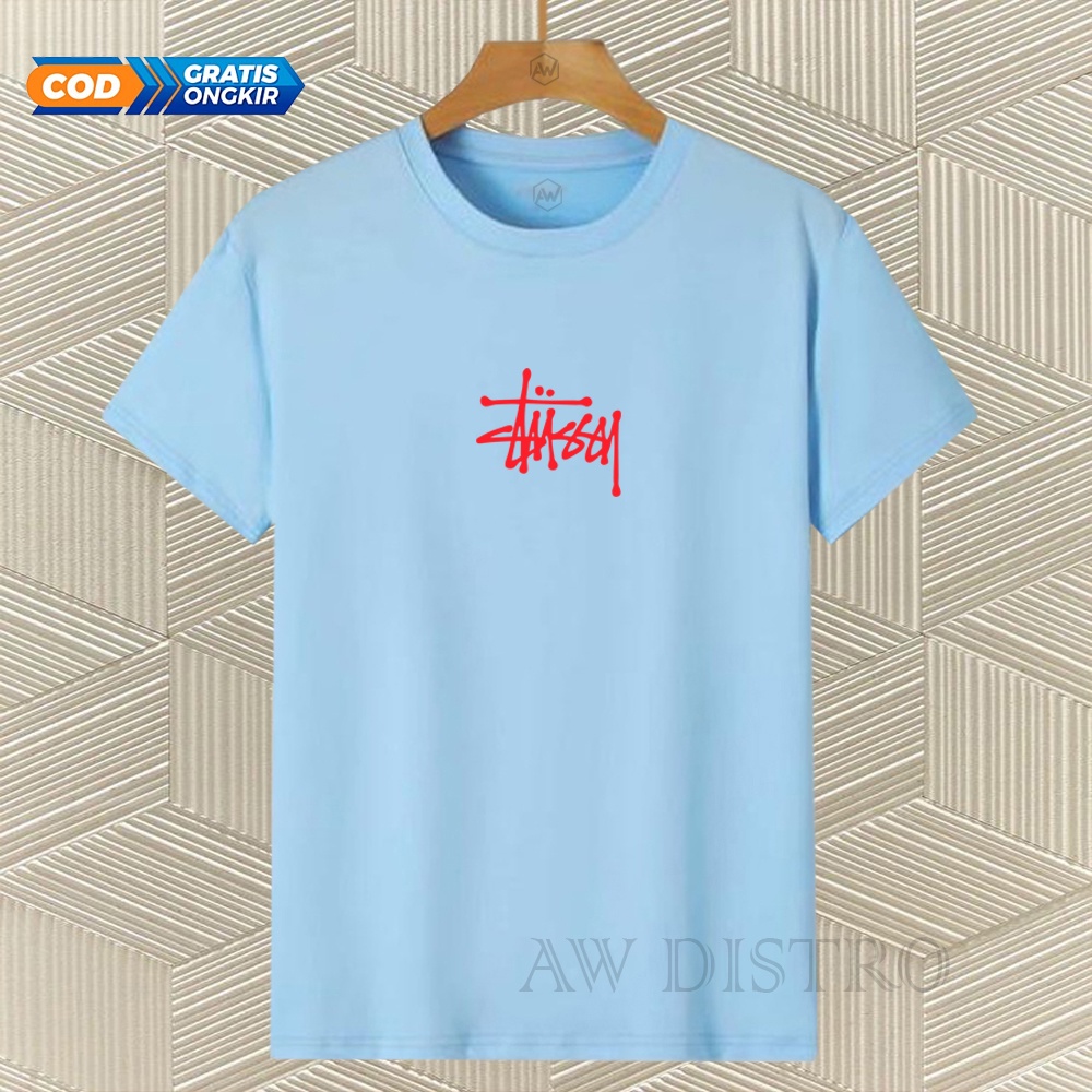 COD Baju Kaos Distro Stussy Tex Merah Premium Quality Lengan Pendek