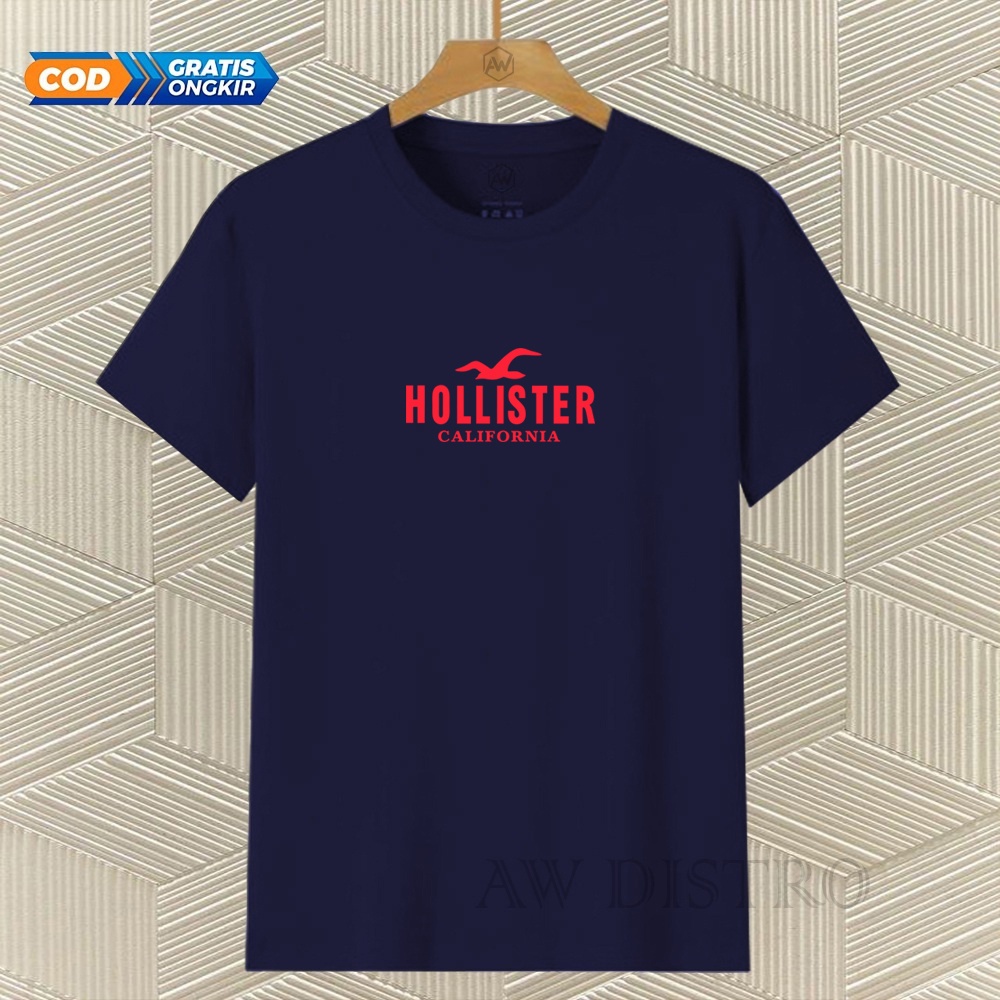 COD Baju Kaos Distro HOLLISTER Texs Merah Premium Quality Lengan Pendek