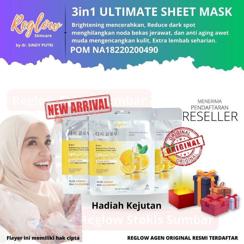 [Cod bisa] Ready Stok Sheet Mask Reglow Indonesia 3in1 Ultimate glow dr. sindy Skincare Masker Wajah Kertas lembaran glowing seketika cerah menghilangkan mengempeskan jerawat flek hitam noda bintik
