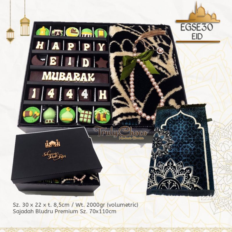 

Trulychoco - Hampers set sajadah sarung gajah duduk dan cokelay ucapan Selamat Idul Fitri