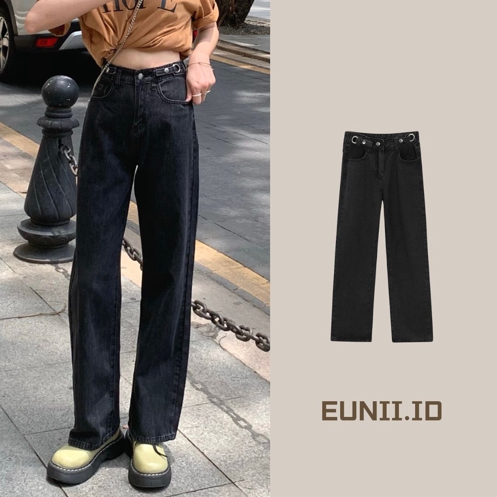 EUNII Boyfriend Jeans Wanita Highwaist Loose Celana Jens Terbaru Kekinian Korean Style