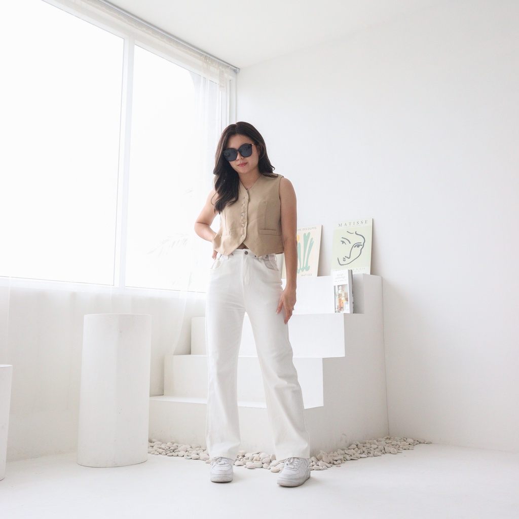 DEMORIN - Celana Panjang Highwaist Wanita Straight Jeans - TABBY X19 WHITE